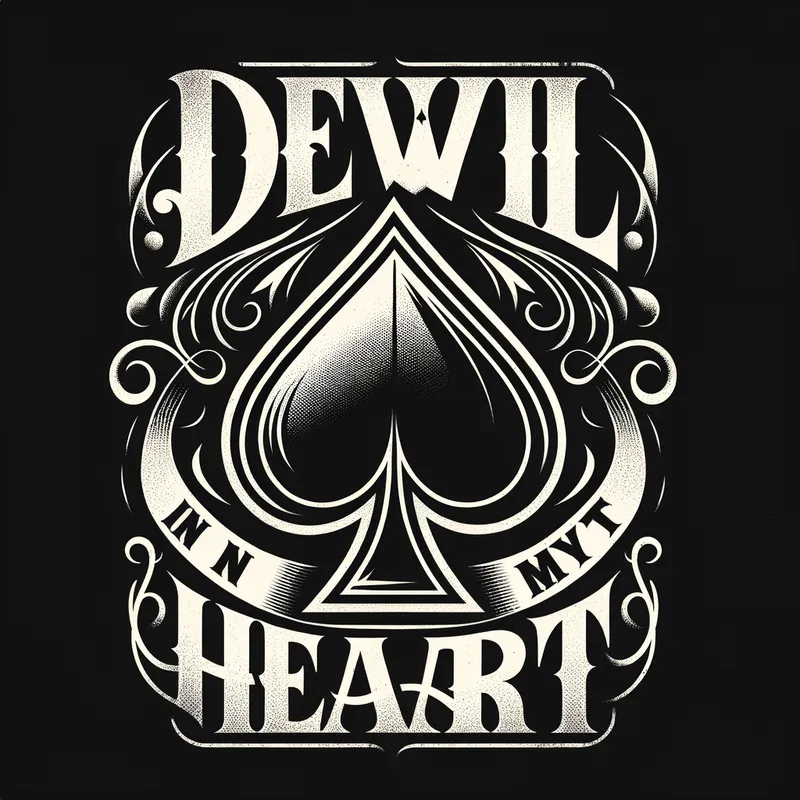 1 - A vintage 70's black and white album cover design for 'Devil in My Heart' by Hank Nightshade and The Midnight Sons. Featuring a large Ace of Spades in the center, surrounded by bold, dramatic typography showcasing the song title and band name, evoking a sense of mystery and allure. - AI image generated with Art