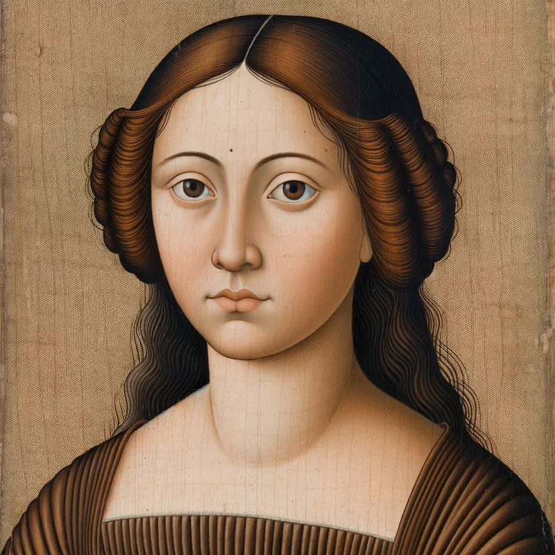 1300s English Peasant Portrait - a painting from the 1300s of an England peasant woman who has dark brown hair, dark brown eyes, a rounded face, light skin and wears a brown dress - AI image generated with Art