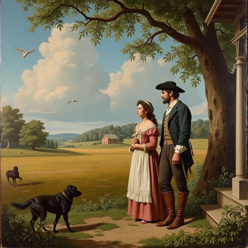 1600s Man Watching Wife Play in Field - 1600s century .Man.Standing on porch.Watching his.Wife.Play in a field. - AI image generated with Photorealistic 2