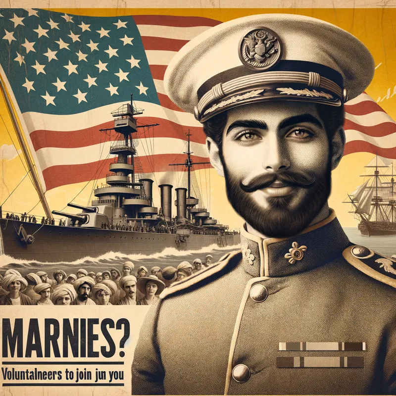 1898 Marine Call to Arms - A vintage-style recruitment flier from 1898, featuring a charismatic marine officer in period-appropriate uniform, calling for volunteers to join the Marines. The background shows the American flag waving and an old-style naval battleship in the distance. - AI image generated with Art