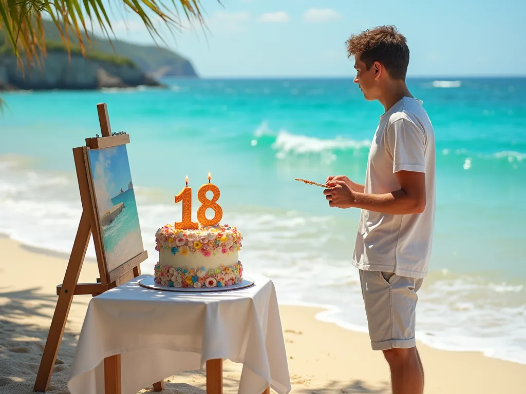 18th Birthday Cake by the Seaside - A vibrant birthday cake decorated with seashells and candles as the number 18 is placed on a small table on a sunny beach, waves gently rolling in behind it. A young man stands beside the table, looking at and painting the beautiful sea on a canvas. The scene radiates calm, happiness, and the anticipation of a bright future. - AI image generated with Photorealistic 2