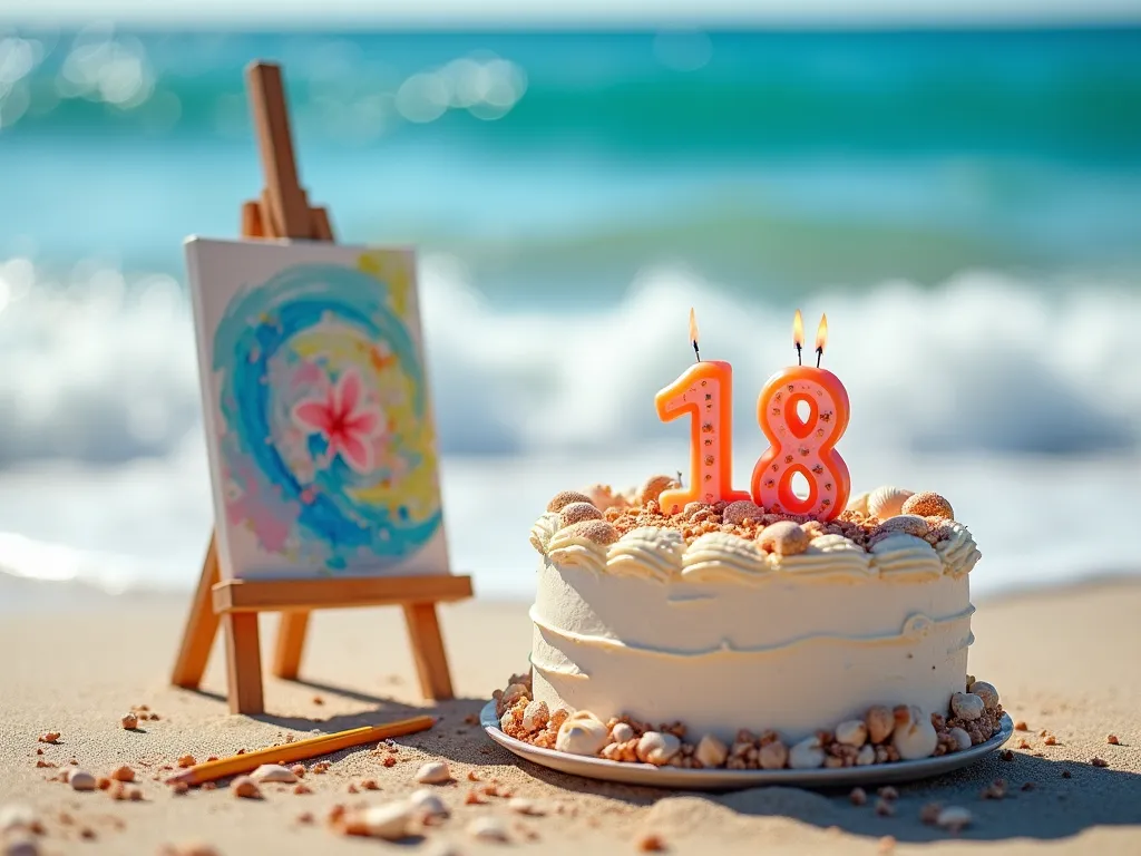 18th Birthday Cake on Sunny Beach - A vibrant birthday cake decorated with seashells and candles as the number 18 is placed on a small table on a sunny beach, waves gently rolling in behind it. There is a canvas with a beautiful painting on it and pencils scattered around it. The scene radiates calm, happiness, and the anticipation of a bright future. - AI image generated with Photorealistic 2
