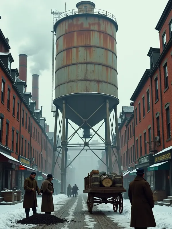 1919 North End Molasses Tank - Boston's North End, 1919: A rusty steel molasses tank looms ominously over cobblestone streets lined with brick tenements and wooden storefronts. Workers dressed in wool newsboy caps and suspenders shovel coal, their breath visible in the cold January air. A horse-drawn cart loaded with barrels stands beneath the tank. The driver, bundled in a heavy overcoat, shouts to a woman in a long skirt and shawl carrying groceries. The overcast skies paint a gray-blue tone to the scene, steam escapes gently from factory chimneys, while icy puddles and peeling paint add to the scene’s tension. - AI image generated with Photorealistic 2