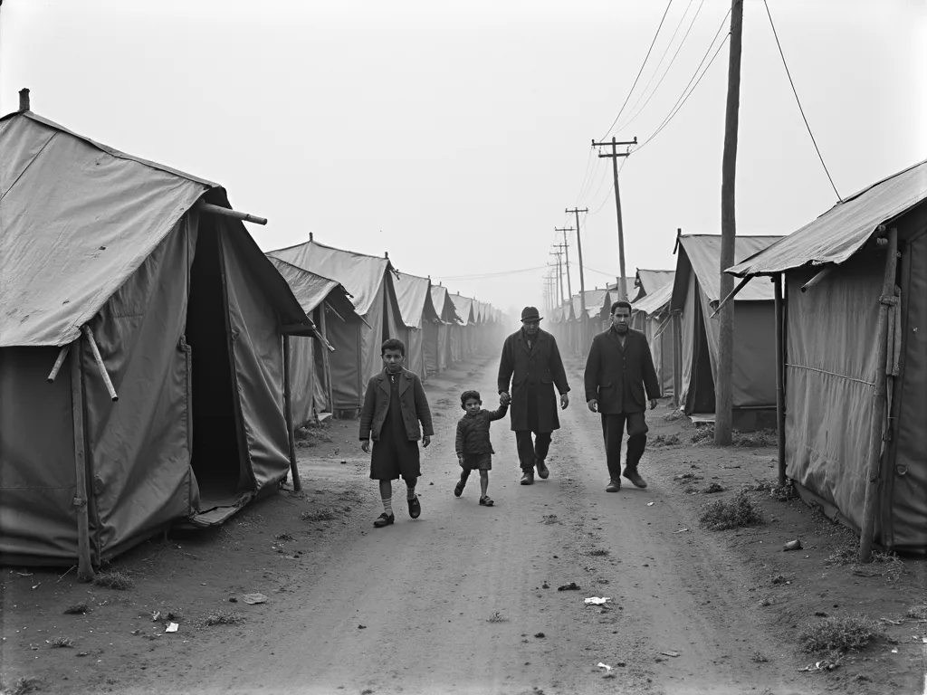1950s Immigrant Struggle - Visual element: A picture of its past in the 1950s – simple tin shacks and tents located on bare ground, with immigrants, some of them children, walking around them. You can see the simple clothes and the difficult conditions they lived in. The picture clearly illustrates the poor living conditions and the daily struggle to survive and acclimatize in the new country. - AI image generated with Photorealistic 2