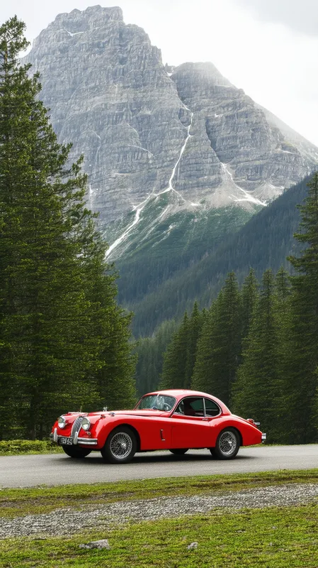 1960 Red Jaguar XK150 on Mountain Drive - An image of a 1960 Jaguar XK150 in red. I want the car to be pictured cruising towards an idyllic mountain.