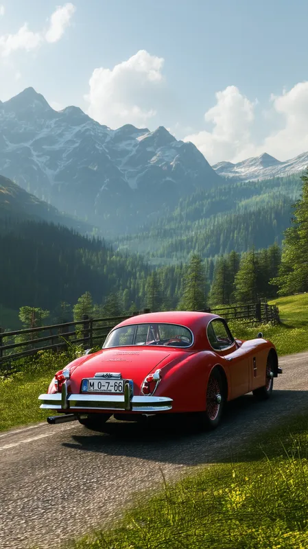 1960 Red Jaguar XK150 on Mountain Drive - I want an image of a 1960 Jaguar XK150 in red with a Dutch license plate for cars of that age with the license: AM-07-68. In the image, I want the car to be seen driving from an idyllic mountain. Furthermore, make it as realistic looking as possible.