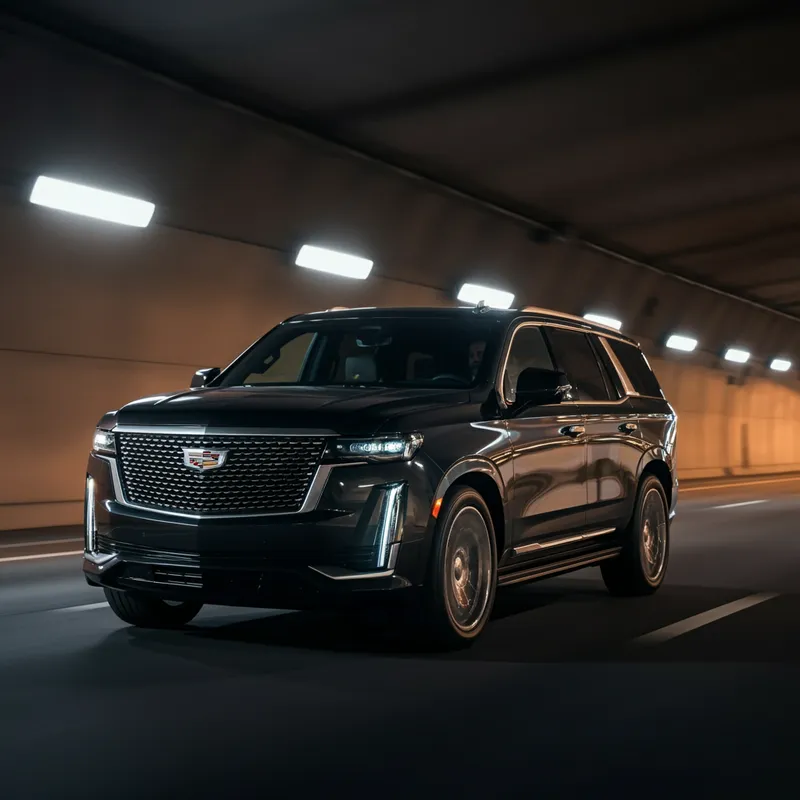 2025 Black Cadillac Escalade in Motion - A 2025 black Cadillac Escalade speeds through a tunnel at night. The vehicle is shown from a distance, allowing its full body to be seen in motion. The Escalade’s glossy black paint reflects tunnel lights in streaks of warm highlights, emphasizing its polished metallic finish. LED headlights cut through the darkness, and the smooth surface of the road mirrors the vehicle’s movement. Overhead lights pass rapidly, creating dynamic reflections across the body. The camera follows from a low angle at a steady distance. The chauffeur’s silhouette is faintly visible. High realism, cinematic lighting, luxury car commercial style. - AI image generated with Imagen 3 - photorealistic