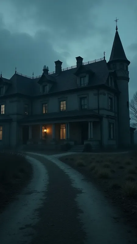 धुंध में सुनसान हवेली - Visuals: रात का समय, सुनसान रास्ता, पुरानी टूटी-फूटी हवेली, धुंध और हिलते पेड़। Characters: कोई नहीं, सिर्फ वातावरण। Action: हवेली को दूर से दिखाना, डरावना माहौल। Camera angle: Wide shot, slow zoom towards हवेली। Sound: हल्की हवा की सरसराहट, दूर से अजीब आवाज़ें। - AI video generated with Pro