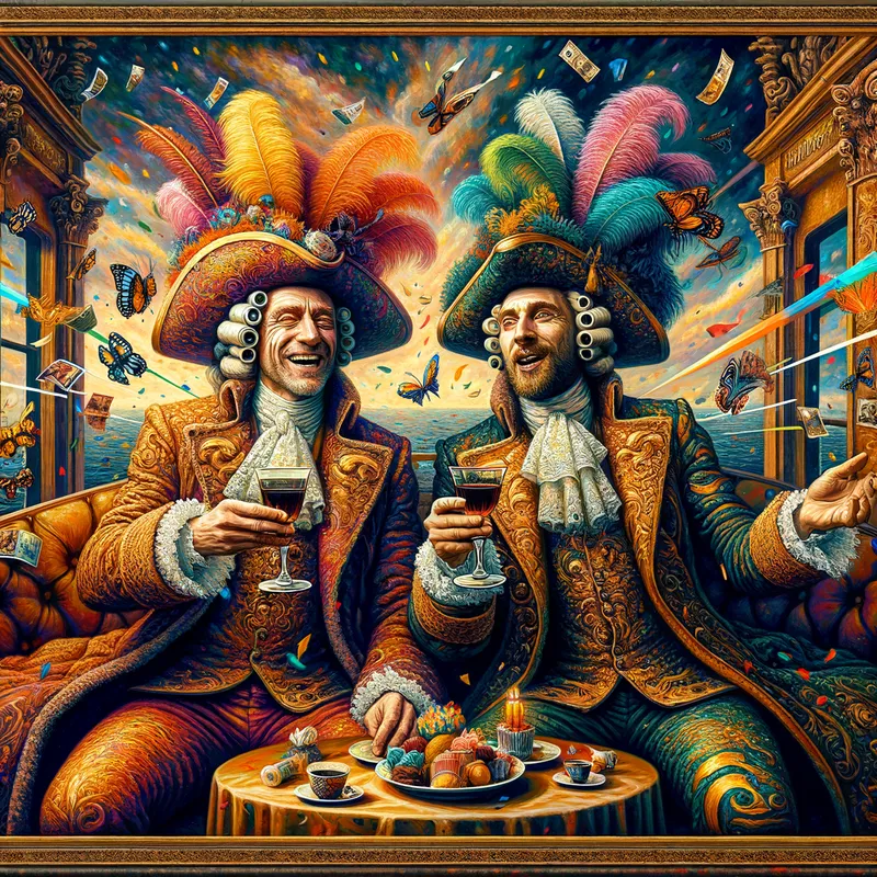 25-Year Besties in Rubens Style - Besties for 25 years celebrate on a cruise ship, Paintin in the style of Peter Paul Rubendddd, both are dressed silly - AI image generated with Art - Matisse