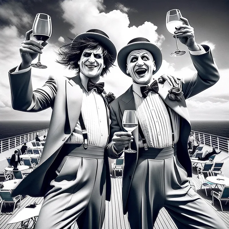25 Years, Silly Besties, Man Ray Style - Besties for 25 years celebrate on a cruise ship, Photo in the style of Man Ray, both are dressed silly - AI image generated with Art