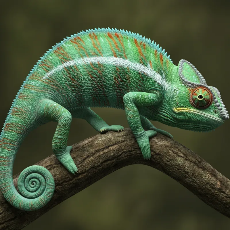 3D Chameleon on Tree Branch - 3D realistic chameleon climbing on a tree branch - AI image generated with Imagen 3