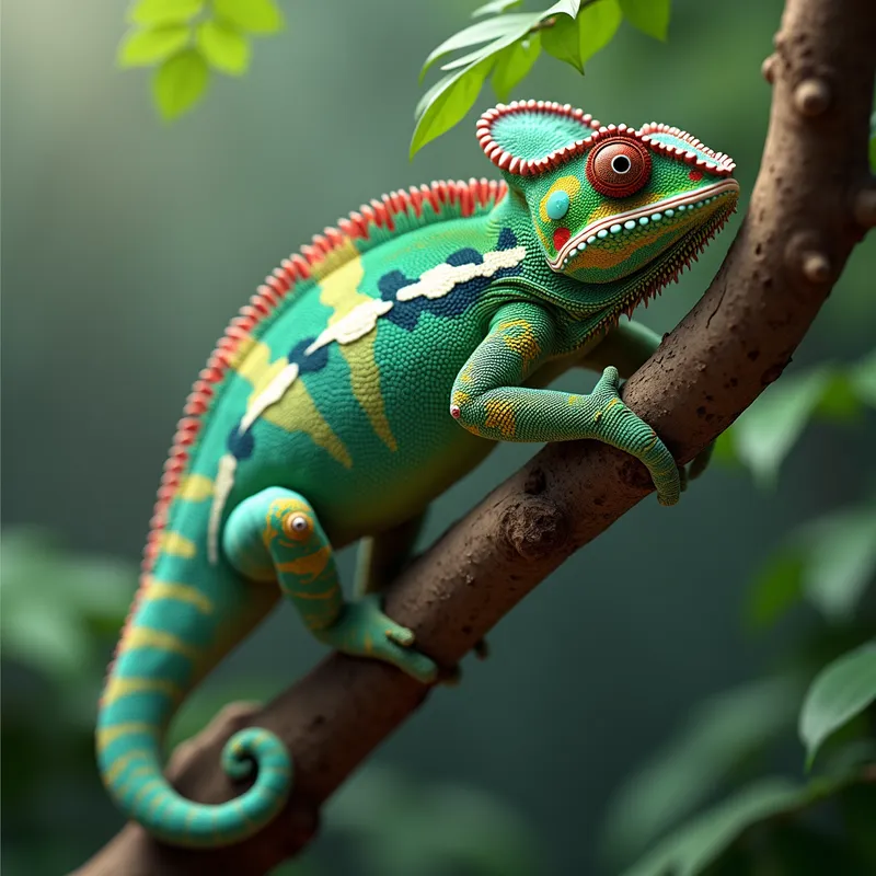 3D Chameleon on Tree Branch - 3D realistic chameleon climbing on a tree branch - AI image generated with Photorealistic 2
