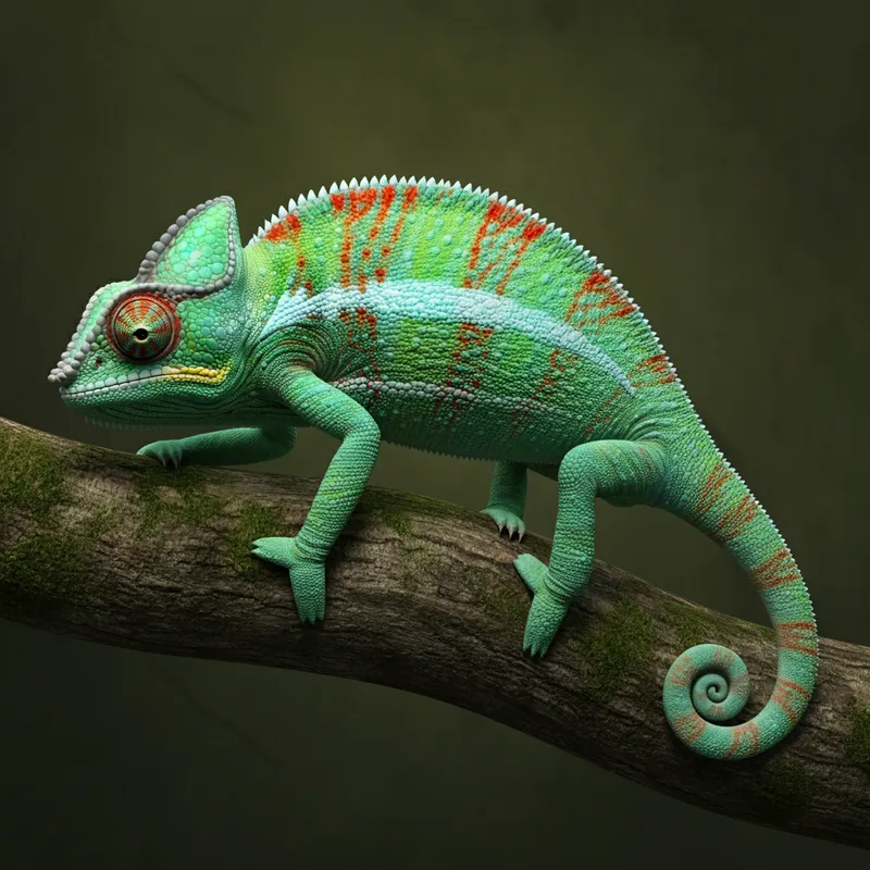 3D Chameleon on Tree Branch - 3D realistic chameleon climbing on a tree branch - AI image generated with Imagen 3