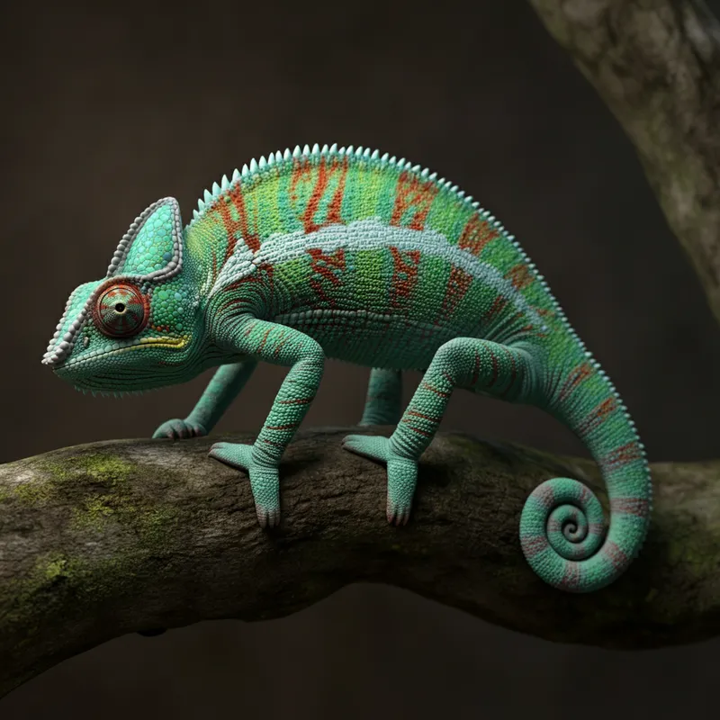 3D Chameleon on Tree Branch - 3D realistic chameleon climbing on a tree branch - AI image generated with Imagen 3