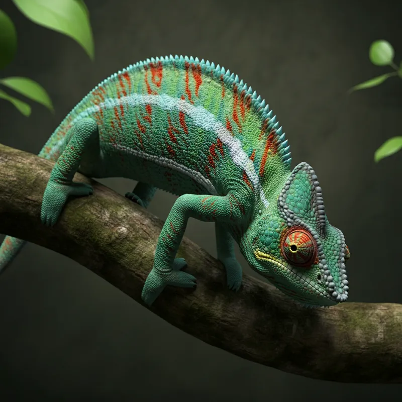 3D Chameleon on Tree Branch - 3D realistic chameleon climbing on a tree branch - AI image generated with Imagen 3