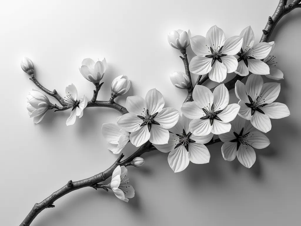3D Cherry Blossom Relief (Grayscale) - 3D deep relief grayscale realistic detailed image of a cherry blossom branch - AI image generated with Photorealistic 2