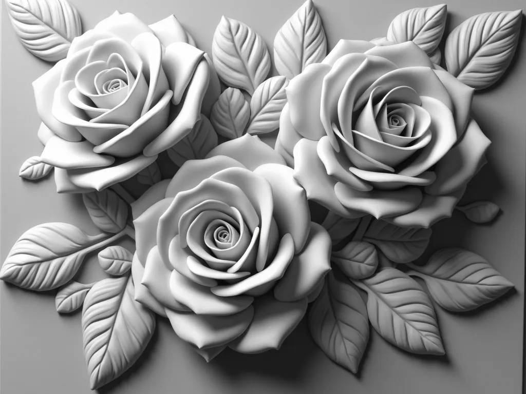 3D Grayscale Relief Roses - 3D deep relief grayscale realistic detailed image of fancy beautiful roses - AI image generated with Photorealistic 2
