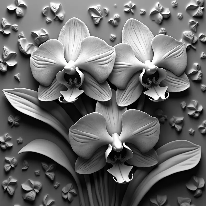 3D Grayscale Tiger Orchids Relief - 3D deep relief grayscale realistic detailed image of tiger orchids - AI image generated with Photorealistic 2