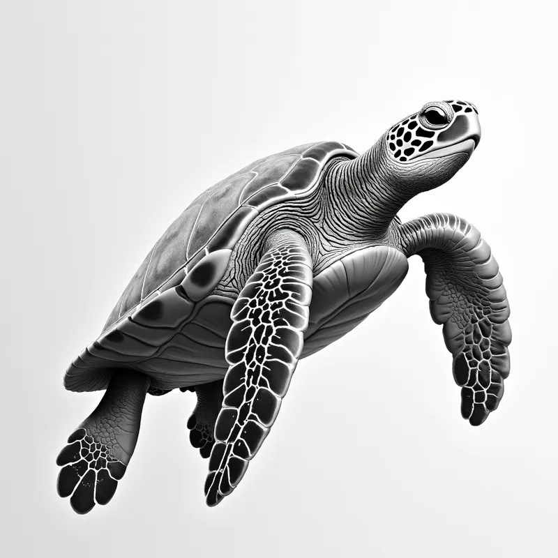 3D Pencil Sea Turtle with Marine Life - grayscale 3D realistic detailed pencil drawing of a sea turtle in the ocean with aquatic sea life - AI image generated with Photorealistic 2