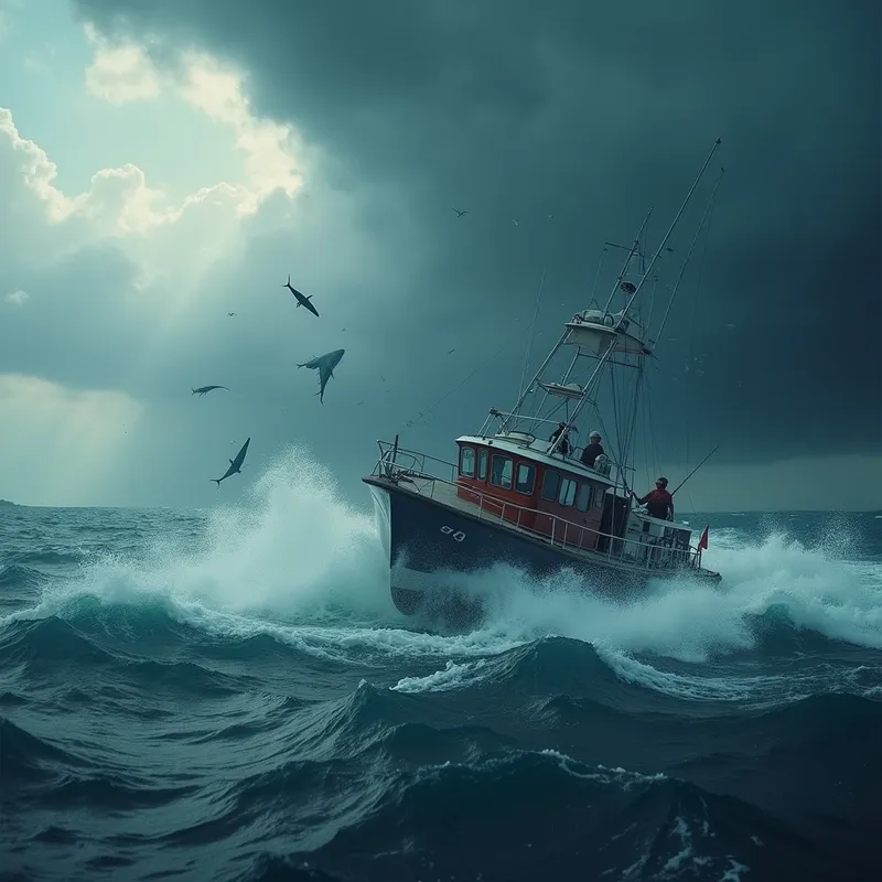 4K Storm Fishing vs Sea Monsters - 4k cinematic video of a boat sailing through a raging storm dodging sea monsters while catching fish with the boys - AI image generated with Photorealistic 2