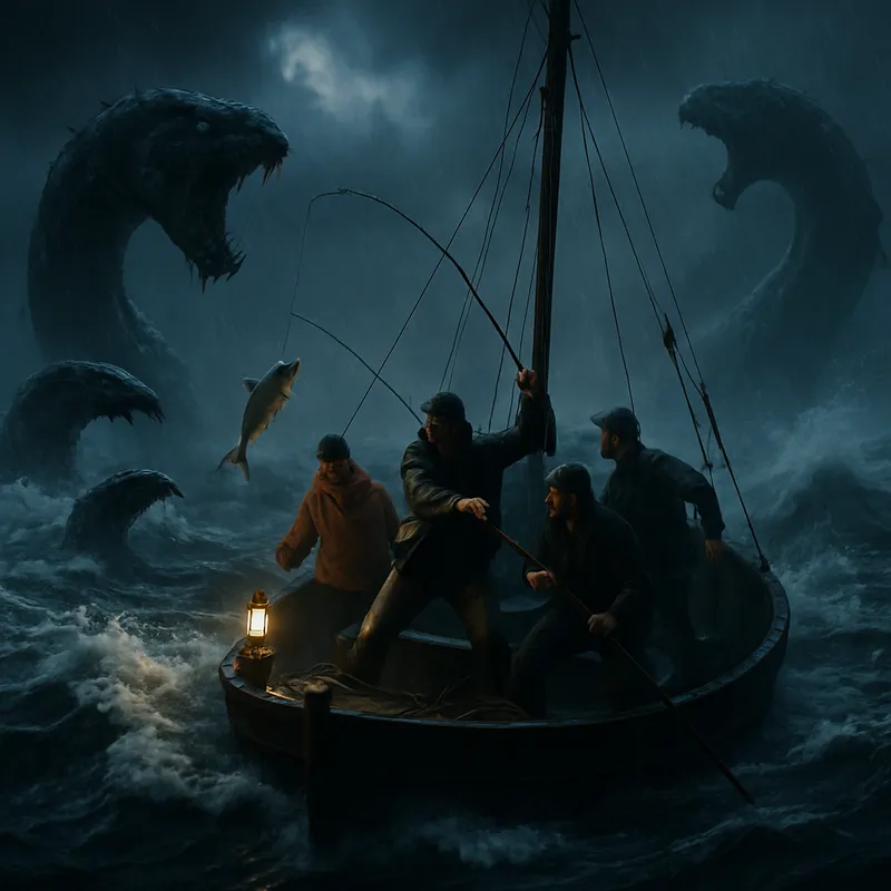 4K Storm Fishing vs Sea Monsters - 4k cinematic video of a boat sailing through a raging storm dodging sea monsters while catching fish with the boys - AI image generated with GPT Image
