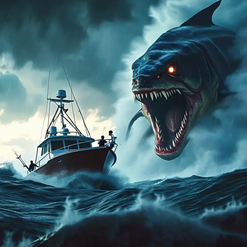 4K Storm Fishing vs Sea Monsters - 4k cinematic video of a boat sailing through a raging storm dodging sea monsters while catching fish with the boys - AI image generated with Nova Canvas
