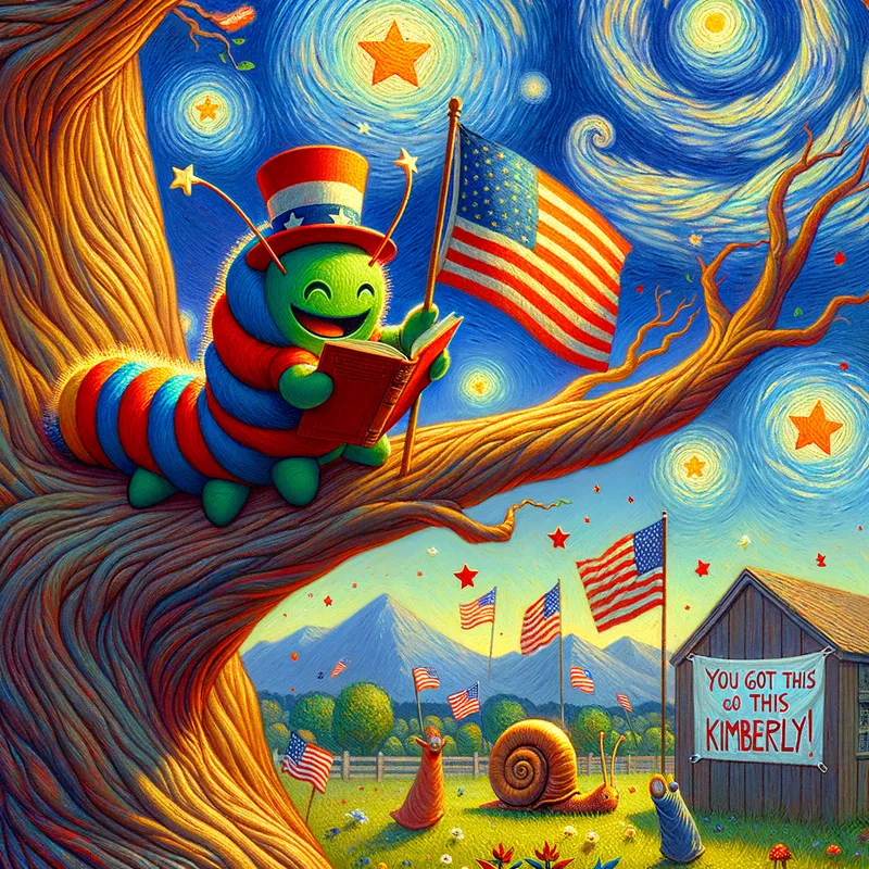 4th of July themed and david wiesner ins - 4th of July themed and david wiesner inspired with red, white, and blue colors and tone of cute, happy caterpillar reading a History book on a branch in a tree with a snail holding a white sign that says "You got this Kimberly!" - AI image generated with Art - gouache technique, cartoony, Van Gogh