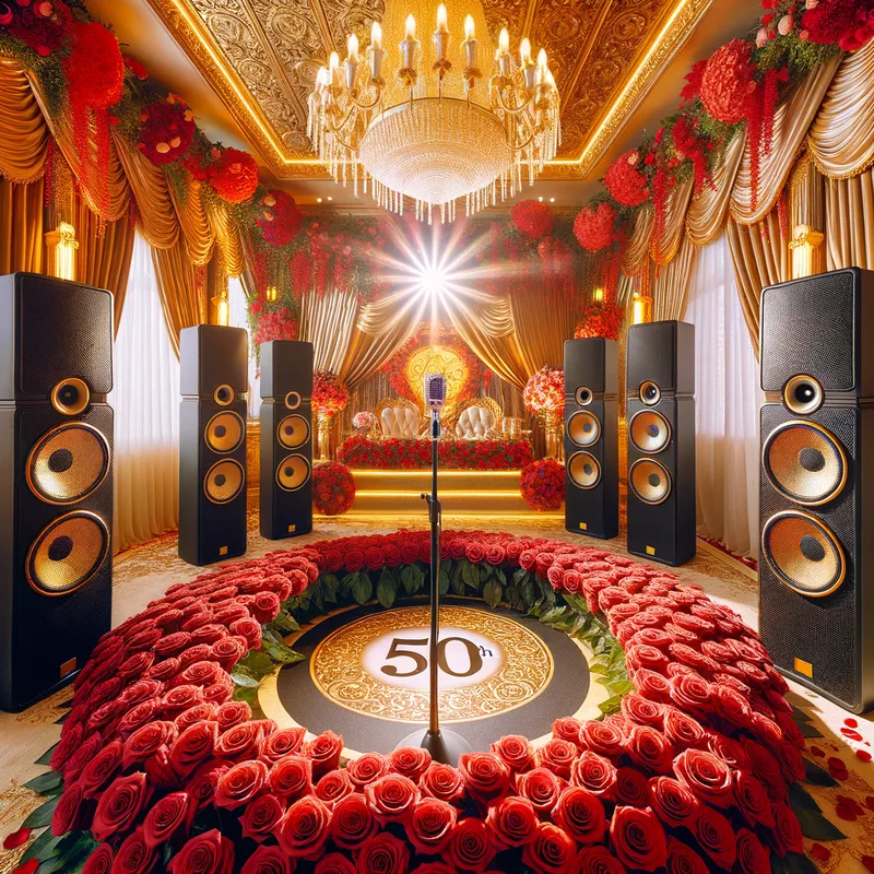 50th Birthday Party Spread - A festive room decorated for a 50th birthday party, with golden curtains, red roses, loud speakers and a scene with a microphone set up for karaoke. - AI image generated with Art