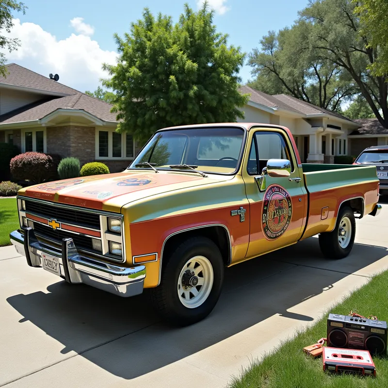 80s Truck Nostalgia - An old-school 1980s truck parked in a suburban neighborhood, painted in classic colors with vintage decals. The scene includes retro-themed elements like cassette tapes and a boombox. - AI image generated with Flux