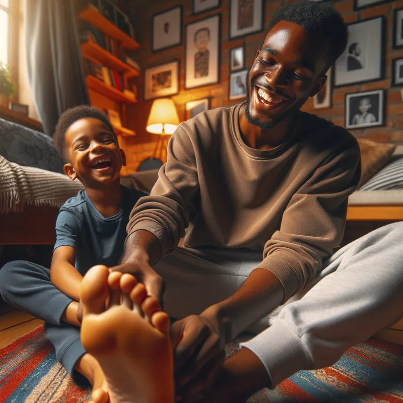 A 23 year old black boy gettin - A 23 year old black boy getting tickled on the feet by his brother - intricate details, zoomed out