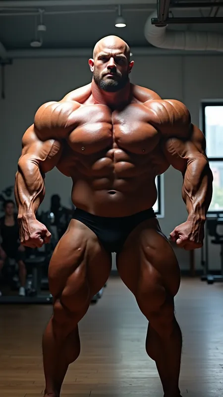 A Colossus Among Bodybuilders - Ultra-detailed, hyper-realistic studio photograph of an **incredibly massive, oversized, super-heavyweight IFBB professional bodybuilder** at peak contest condition, striking a flawless front-double-biceps pose in a gym with other bodybuilders who are smaller than him around him.
Physique: 5'5″, ~400 lb of granite-hard muscle, paper-thin skin revealing extreme vascularity snaking across colossal 30" arms, boulder delts, cannonball traps, striated chest, razor-sharp eight-pack, and feathered quads.  
Expression & vibe: confident half-smile, eyes locked on camera, radiating unstoppable power.  Extremely attractive face, hairless body
Wardrobe & oil: midnight-black micro posing trunks, light layer of sheen-enhancing contest oil accentuating every striation.  
Lighting: dramatic three-point setup — bright key light camera left, soft fill to the right, crisp rim light outlining shoulders and lats, casting subtle shadows to emphasize depth and separation.  
Background: a busy gym
Camera & render: Nikon Z9 DSLR, 85 mm f/1.4 prime lens, aperture f/2.8, ISO 100, 1/250 s.  
Quality tags: 8 K resolution, HDR, wide-gamut color, cinematic realism, studio photography, impeccable focus, zero noise.
 - AI image generated with Photorealistic 2