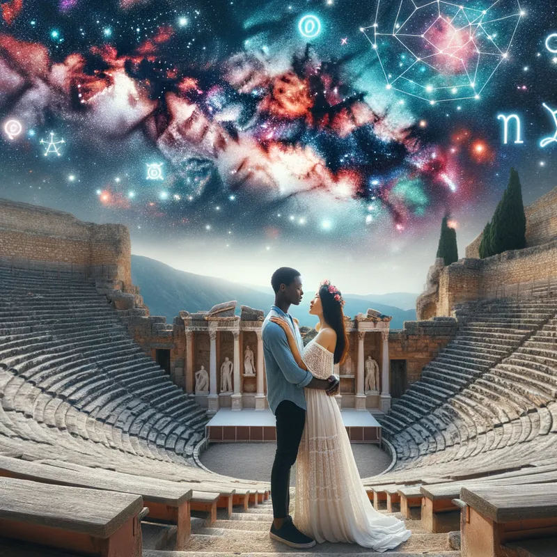 A Cosmic Greek Affair - Set in an ancient Greek amphitheater, a young couple holds each other close under a breathtaking universe. The sky is adorned with bright constellations and astrology symbols, creating a mystical and romantic atmosphere. - AI image generated with Art