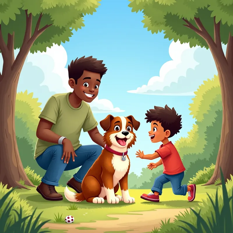 A Day with Dad and Dog - A captivating children's book cover illustration featuring a small brown and tan Australian shepherd happily engaging in park activities with a black dad who has a gentle smile and his enthusiastic black toddler boy. The illustration is filled with life, showcasing the beauty of nature with bright skies and lush surroundings. - AI image generated with Photorealistic 2