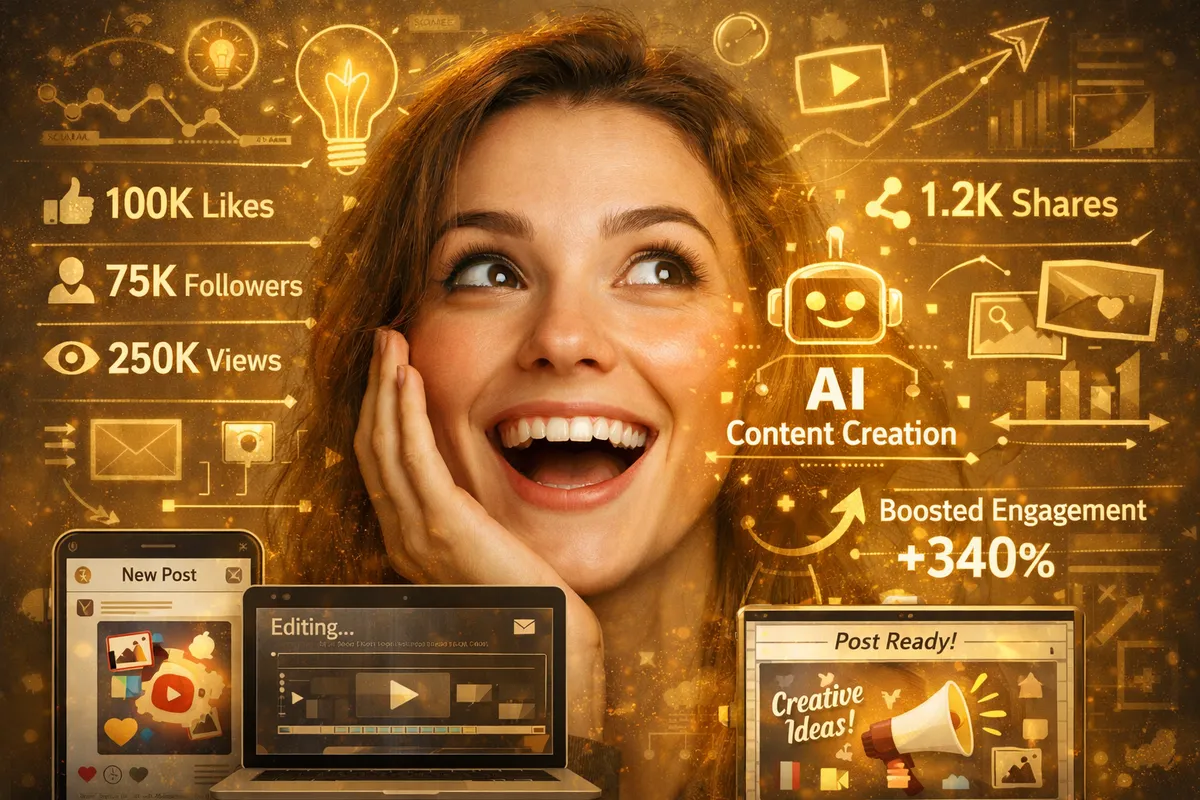 AI Creative Spark: Marketing Insights - A close-up of a person’s face, excited from an idea. Symbols like lightbulbs and graphs are faintly overlaid around the head in gold, symbolizing the creative process of creating marketing materials like social media posts, visuals, and videos. The image shows social media engagement KPIs and makes it clear how with the help of AI she is able to quickly turn her ideas into publish-ready content. - AI image generated with GPT Image