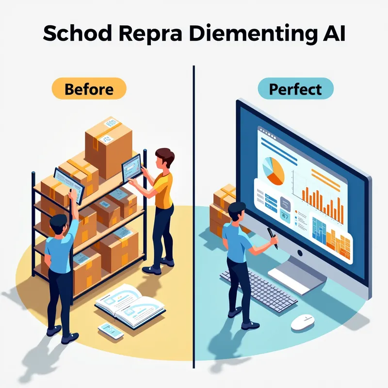 AI-Driven Inventory Optimization - A comparative visual representation of a business's inventory system before and after implementing AI. On the left, disarray with manual records and stock issues; on the right, a streamlined digital interface, illustrating perfect inventory levels, predictive graphs, and increased efficiency. - AI image generated with Photorealistic 2