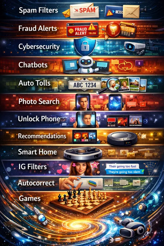AI Everyday Uses Illustrated Timeline - Depict the essence of artificial intelligence and how it has been used for decades. Show each of its everyday uses on a separate line, top to bottom: email spam filters with text "Span Filters", credit cards fraud alerts with text "Fraud Alerts", cybersecurity threats prevention with text "Cybersecurity", chatbots and customer support with text "Chatbots", license plate recognition with text "Auto Tolls", searching inside photographs with text "Photo Search", face recognition with text "Unlock Phone", movies recommendation systems with text "Recommendations", vacuum robot with text "Smart Home", social media filters with text "IG Filters", grammar correction with text "Autocorrect", chess board with text "Games". End with a swirl of technology innovations.  - AI image generated with GPT Image
