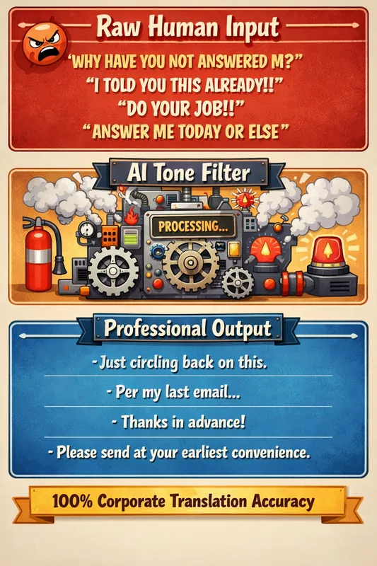 AI Office Translator: Rage → Polite - Make a humorous infographic that shows how AI takes the real, emotionally charged version of an office email and transforms it into the polished, professional version we actually send.
Sections to include:
“Raw Human Input” — angry, sarcastic, unfiltered thoughts
“AI Tone Filter” — a funny visual of gears, smoke, alarms, and fire extinguisher
“Professional Output” — the calm, overly polite email phrasing
Example transformations to feature as text:
“WHY HAVE YOU NOT ANSWERED M?” → “Just circling back on this.”
“I TOLD YOU THIS ALREADY!!” → “Per my last email…”
“DO YOUR JOB!!” → “Thanks in advance!”
“ANSWER ME TODAY OR ELSE” → “Please send at your earliest convenience.”
There is a tagline at the bottom: “100% Corporate Translation Accuracy”
- AI image generated with GPT Image