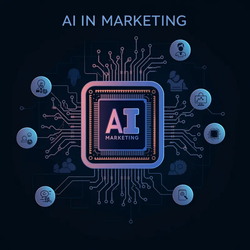 AI-Powered Marketing Workflows - The words "AI in Marketing" at the top and a visual showing marketing workflows powered by AI. - AI image generated with Imagen 3