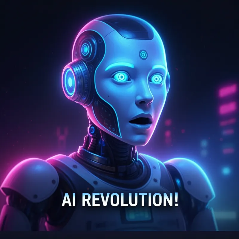 AI Revolution Cinematic - A thumbnail for a tech image, capturing a glowing AI robot with a surprised expression in a neon blue and purple setting. Bold text 'AI REVOLUTION!' is prominently featured. The image is designed with high contrast, cinematic aesthetics, and is 1280x720 in size with a 16:9 aspect ratio. - AI image generated with Imagen 3
