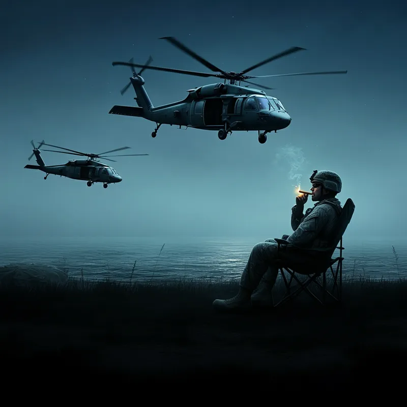 A Night's Respite - A serene depiction of soldiers finding a moment of peace during wartime. The image shows a soldier sitting in a field chair, lighting a cigar and gazing at the calm night sky. Black Hawk helicopters silently fly in the background, resembling sharks in the ocean, providing a stark contrast to the calm ground. The mood is reflective and soothing. - AI image generated with Imagen 3