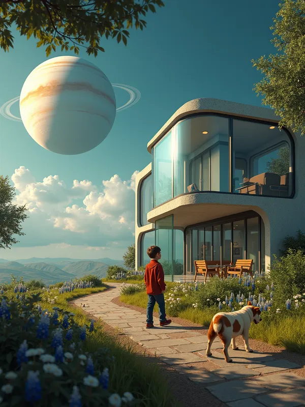 A Saturnian's Delight - create a HD Ultra Realistic image of a boy living on the planet Saturn.  His house is made out of Glass.  He has a garden, a strange dog he found on Saturn, a vehicle create for Saturn.  The boy looks happy.
 - AI image generated with Photorealistic 2