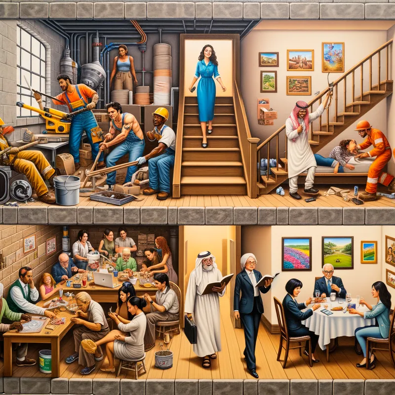 A Tale of Two Classes - An engaging artwork showcasing an intense scene of labor and toil happening in the basement, contrasted with serene environments in the upstairs area, filled with leisure activities and indulgence. - AI image generated with Art