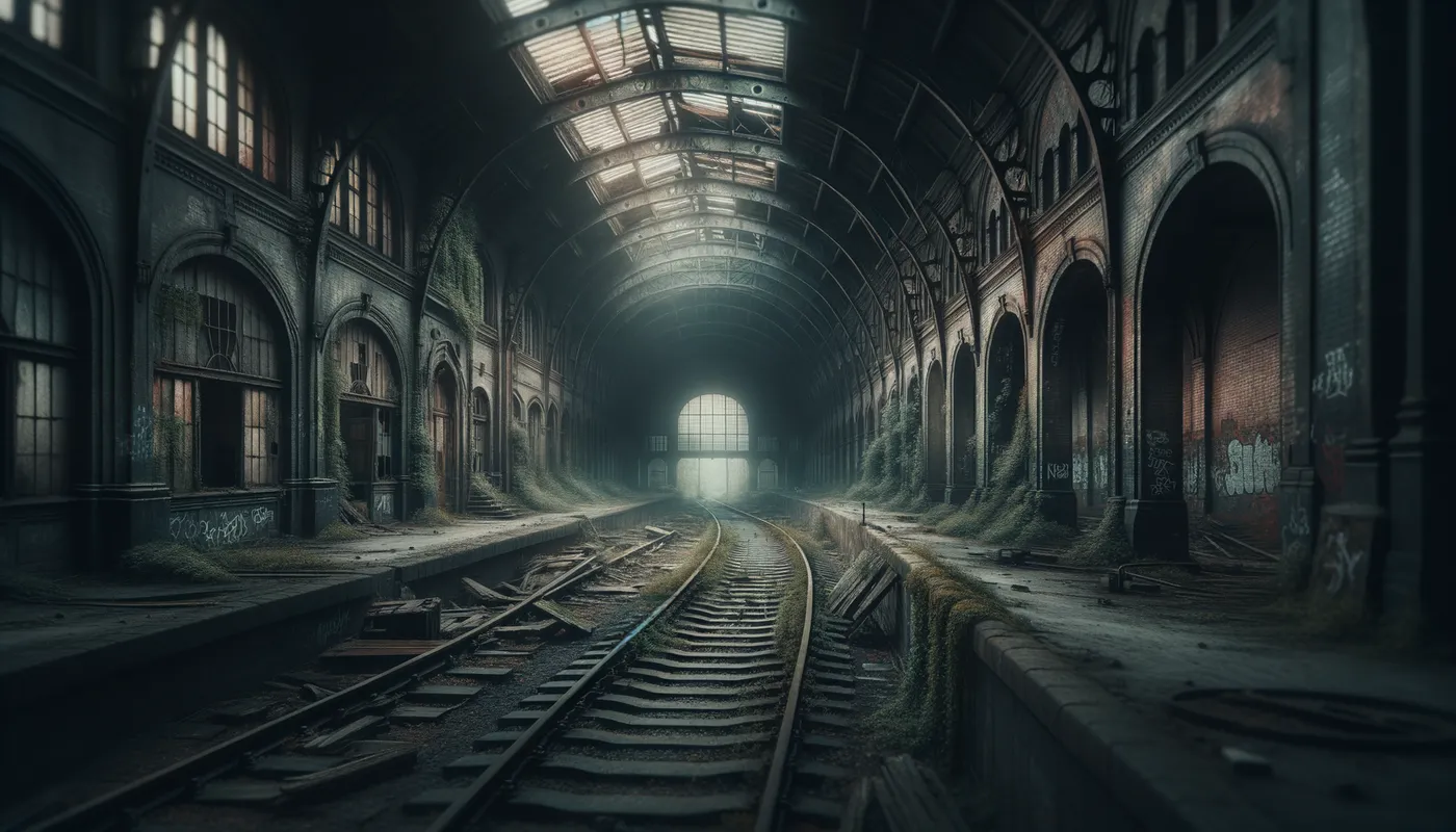 Abandoned Train Depot - A moody, atmospheric image of a dilapidated, forgotten train depot, its once-grand structure now overgrown with vegetation and weathered by time, evoking a sense of nostalgia and the passage of time. - 50mm lens