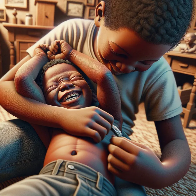 A black boy getting tickled un - A black boy getting tickled under the armpits by his brother - intricate details, zoomed out