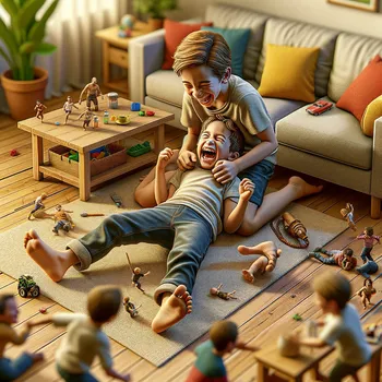 A boy getting tickled by his b