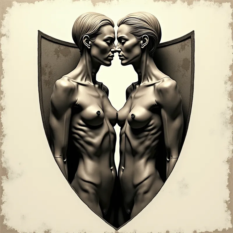 Abstract Armor of Love - An imaginative abstract artwork combining the torsos of man and woman, creating a shield shape that represents the armor of mutual protection. - AI image generated with Photorealistic 2