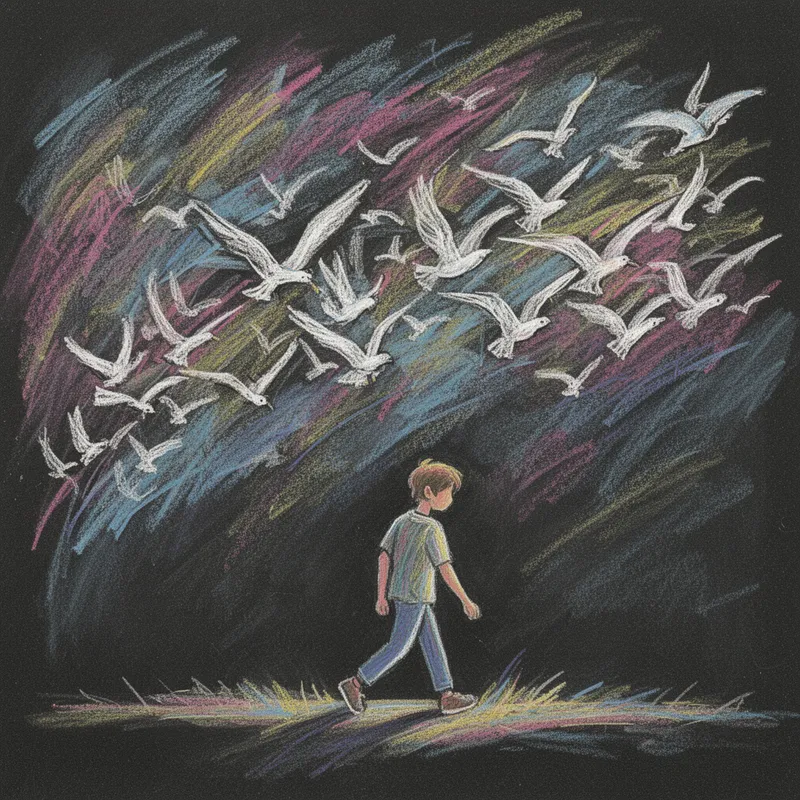 Abstract Chalk Art: Boy & Flock of Birds - A boy walking under a flock of birds - AI image generated with Flux 2 - abstract, chalk