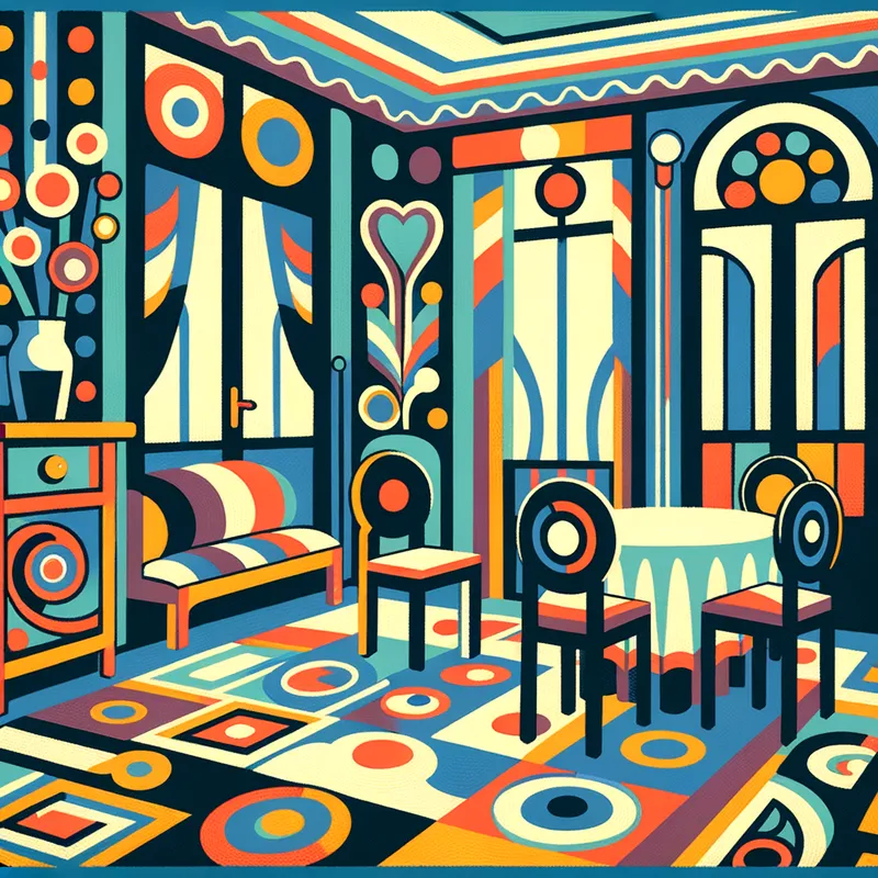 Abstract Interior - A stylized interior scene with simplified forms and bold colors, showcasing a room filled with Matisse-inspired patterns and shapes on the walls and furniture. - AI image generated with Art