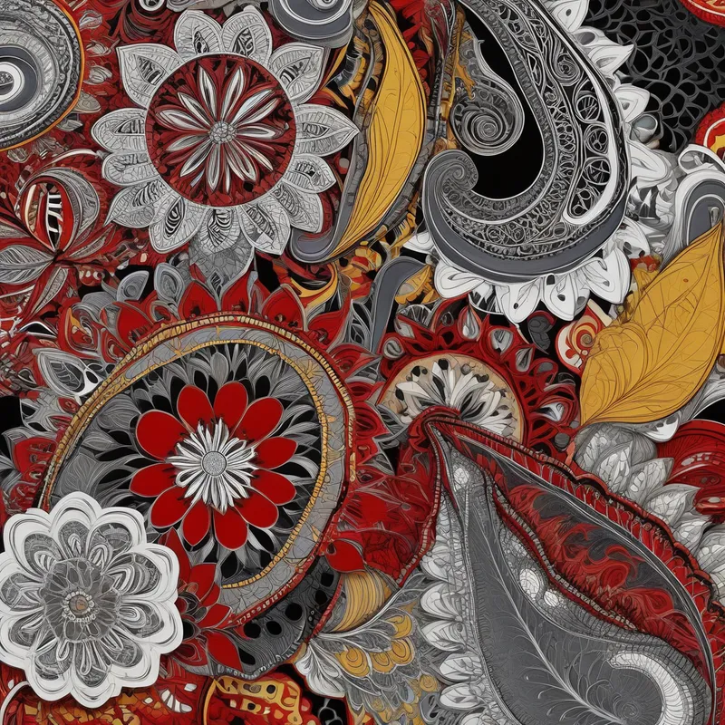 Abstract Paisley Floral Meditation Art - Floral Motifs, Abstract bold red, black, mustard yellow, gray, white Paisley ,Meditation Art , Decorative Illustration, Sacred Geometry , Contemporary Paisley Artistic Patterns , Boho Wall Art , Zentangle 4K 3D zentangle Detailed Painting Visual Perception Kristina Webb - Paints dreamy rural villages in loose, Impressionistic watercolors Core It !! Enhanced 3D effects precise Gelsculpt Ania Milczarczyk - flowing floral patterns and filigree Helen Dardik - imaginative scenes with intricate detail Paisley pattern detailed and intricate, Outlined, High Contrast, @ annie balanced, visually appealing 1:1 ratio core it !! Darkly fantastical with dramatic contrast - AI image generated with Photorealistic