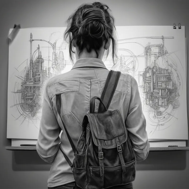 Academic Journey: Over-the-Shoulder View - black and white back view picture of a woman in her 50's going through an academic and professional journey pencil drawing - AI image generated with Photorealistic - over-the-shoulder, cyberpunk, master shot